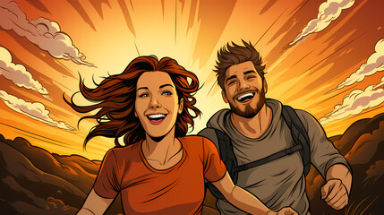 Happy young couple running so fast, illustration of beautiful sunny day sport outdoor