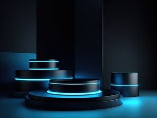 Poster - Black stage with blue lights on it.