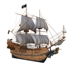 Poster - Old wooden pirate ship in full sail with a carved woman figurehead on the bow. Isolated 3D illustration.