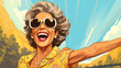 Happy old woman running so fast, illustration of beautiful sunny day sport outdoor