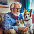 Starszy mężczyzna siedzi na kanapie z kotem i psem 