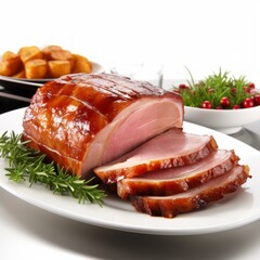 Wall Mural - Christmas baked ham glazed on white background, closeup , Xmas menu, 