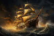 three masted wooden sailing ship in storm 