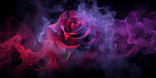 Purple Rose Wrapped In Red Smoke Swirl On Black Background, Glowing Background With Smoke And Rose Realistic, Beautiful Dark Rose In Smoke, Generative AI


