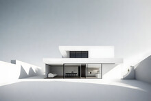 Casa Minimalista De Color Blanco Sobre Fondo Blanco Futurista Diseño De Arquitectura Con Cristalera Simple.