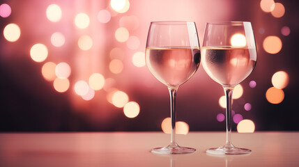 Two glasses of champagne on a table with bokeh background