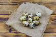 © ihorbondarenko - Spotted quail eggs on a sackcloth. Healthy nutrition