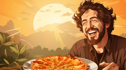 Canvas Print - Man eats delicious juicy pizza on a sunny day illustration.