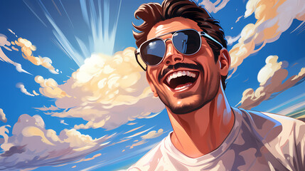 Wall Mural - Happy young man smiling, and laughing outdoors illustration