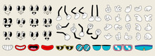Set Of 70s Groovy Comic Vector. Collection Of Cartoon Character Faces In Different Emotions, Hand, Glove, Glasses, Shoes. Cute Retro Groovy Hippie Illustration For Decorative, Sticker