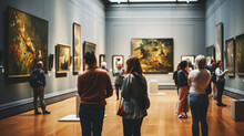 Visitors Viewing Art On Walls In Museum Or Art Gallery