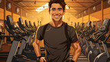 Fototapeta  - Man doing exercises training at gym. Sporty people working out. Sport, workout, run and fitness. Cartoon illustration