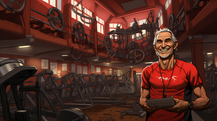 Wall Mural - Old man doing exercises training at gym. Sporty people working out. Sport, workout, run and fitness. Cartoon illustration