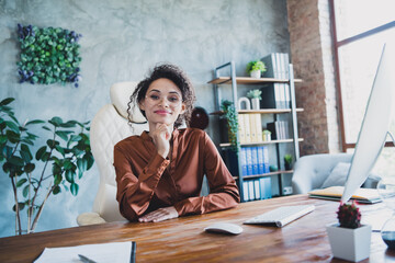 Poster - Portrait of pretty elegant intelligent company recruiter sit chair hand touch chin modern business center indoors