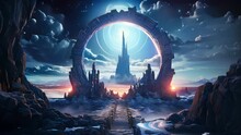 Magic Stone Gate With Neon Glowing Light Amidst Cosmic Landscape Animation, Abstract Futuristic Neon Portal Animation. Celestial Stone Portal Background.