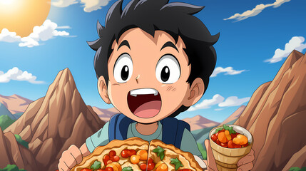 Wall Mural - Cute little boy eats delicious juicy pizza on a sunny day illustration.