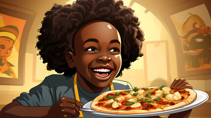 Wall Mural - Cute little boy eats delicious juicy pizza on a sunny day illustration.