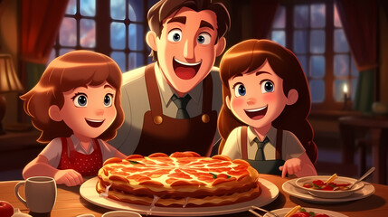 Wall Mural - Happy family boy eats delicious juicy pizza on a sunny day illustration.