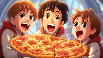 Wall Mural - Happy family boy eats delicious juicy pizza on a sunny day illustration.