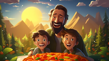 Wall Mural - Happy family boy eats delicious juicy pizza on a sunny day illustration.