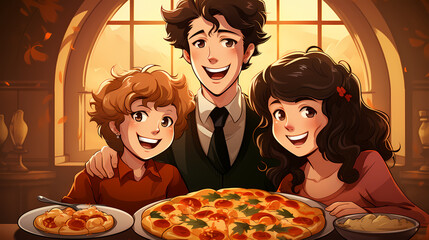 Wall Mural - Happy family boy eats delicious juicy pizza on a sunny day illustration.