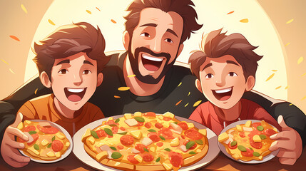 Canvas Print - Happy family boy eats delicious juicy pizza on a sunny day illustration.