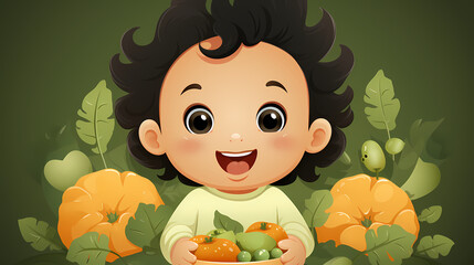 Canvas Print - Illustration of Happy smiling Boy with vegetables