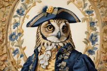 Portrait Of Owl Wearing Stylish Clothes In 1700s Style In Front Of A Baroque Arabesque Background