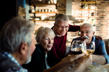 Wall Mural - Senior Friends Enjoying a Meal and Wine Together