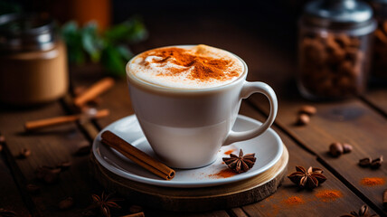 Wall Mural - cup of cappuccino on wooden table with autumn leaves