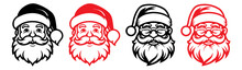 Santa Claus Logo In Line Art Style. Santa Claus Face Beard Moustache Happy Xmas Christmas New Year Outline Thin Line Vector Icon Black And Red On White Background.