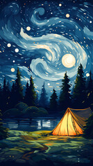 Wall Mural - Hand-painted illustration of van Gogh's camping tent under the beautiful starry sky	
