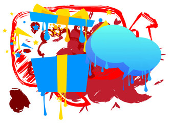 Poster - Graffiti Gift box with speech bubble. Holiday modern messaging sign street art decoration, Christmas discussion icon performed in urban painting style.