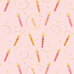 Wall Mural - Seamless pattern of pink candles with gold decor, ribbons and gold stars on a pink background for a birthday, vector.