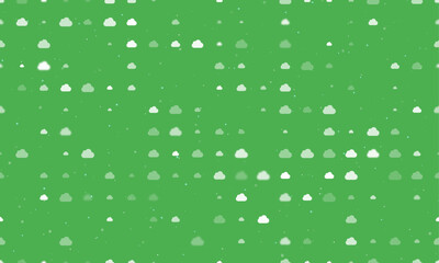 Poster - Seamless background pattern of evenly spaced white cloud symbols of different sizes and opacity. Vector illustration on green background with stars