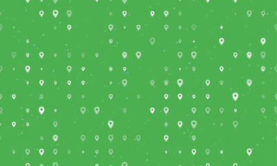 Poster - Seamless background pattern of evenly spaced white location symbols of different sizes and opacity. Vector illustration on green background with stars