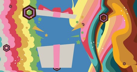 Poster - Retro 70s Background with gift box. Groovy 1970s art holiday template animation. Minimalistic Vintage design video. Old-fashioned color artwork.