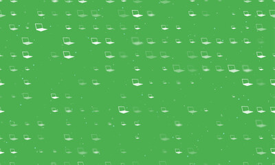 Poster - Seamless background pattern of evenly spaced white notebook symbols of different sizes and opacity. Vector illustration on green background with stars