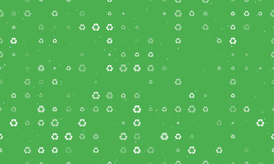 Poster - Seamless background pattern of evenly spaced white recycling symbols of different sizes and opacity. Vector illustration on green background with stars