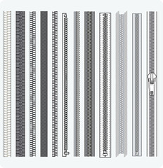 Wall Mural - Seamless zippers with puller flat sketch vector illustrator Brush set, different types of Zip for fasteners, dresses garments, bags, Fashion illustration, Clothing and Accessories