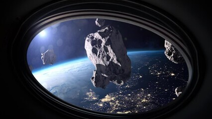 Wall Mural - asteroids, sun and earth. view from porthole of a spaceship to earth planet and asteroids. asteroids