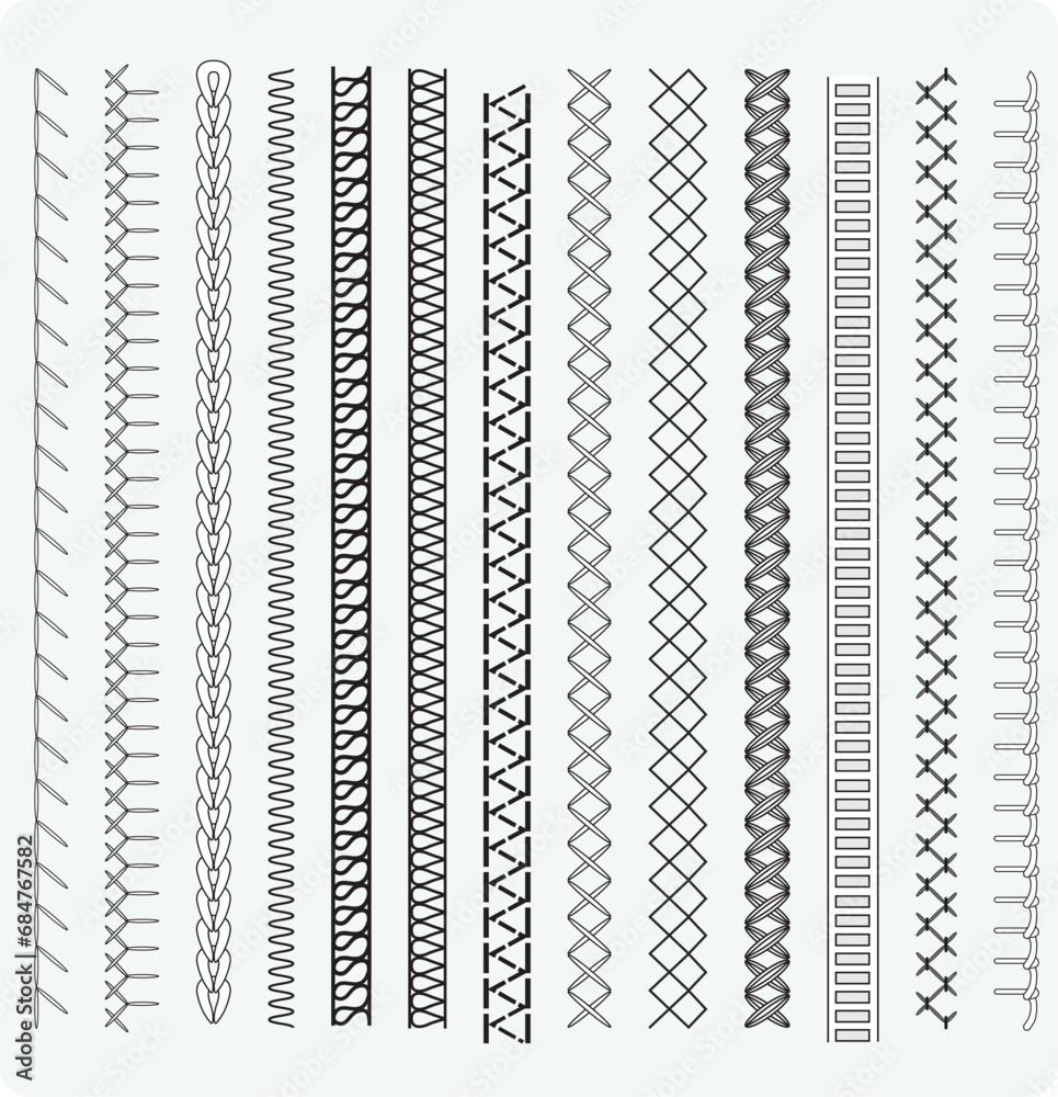 Seamless sewing stitch brush vector illustrator set, different types of ...