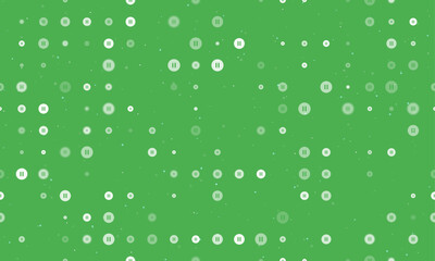 Poster - Seamless background pattern of evenly spaced white pause symbols of different sizes and opacity. Vector illustration on green background with stars