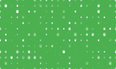 Poster - Seamless background pattern of evenly spaced white sports weight symbols of different sizes and opacity. Vector illustration on green background with stars