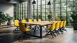 Stylish yellow office chairs and large wooden table