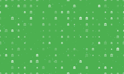 Poster - Seamless background pattern of evenly spaced white bank symbols of different sizes and opacity. Vector illustration on green background with stars
