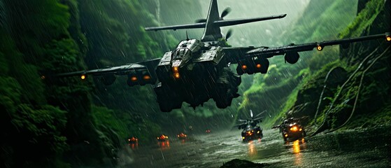 AI generated illustration of a futuristic aircraft soaring through green jungles in the rain