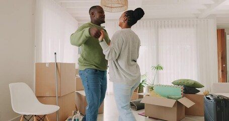 Sticker - Dancing, happy couple and celebrate moving house with boxes in a room. New home, fun energy and love of excited black man and woman at property with commitment, care or support for homeowner mortgage