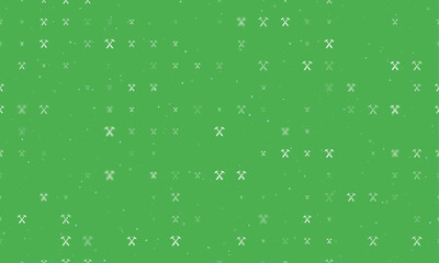 Poster - Seamless background pattern of evenly spaced white crossed hammers symbols of different sizes and opacity. Vector illustration on green background with stars
