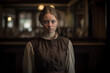 Pretty Young Amish Style Woman - Regency - Victorian - Old West - Colonial Era - Portrait - sad neutral expression - blond hair pulled back with some strands of hair falling down